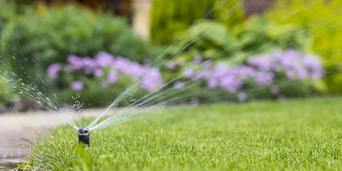A single sprinkler watering grass by a sidewalk in Orlando, FL