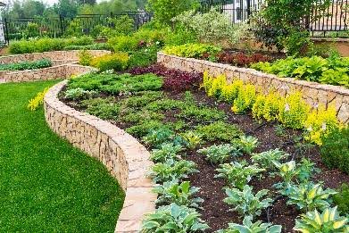 Two-tiered decorative landscape wall in Orlando area yard provides opportunities for raised garden beds