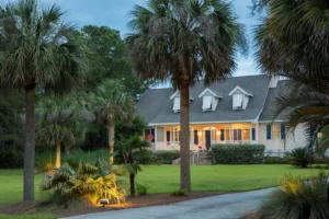 Different palm tree types planted in a front yard, in front of a Florida house