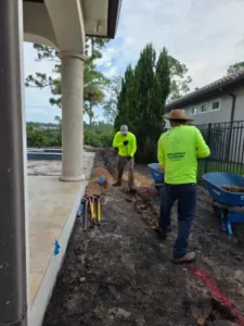 Grasshoppers at a french drain installation in Central Florida, digging a trench for the pipe