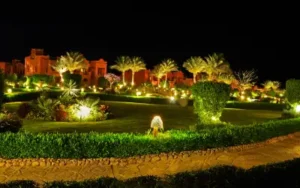 exterior lighting at a resort at night creates dramatic effect