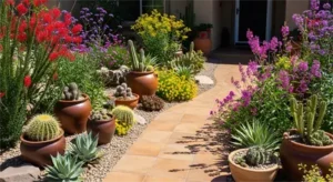 A home landscape filled with drought resistant plants.