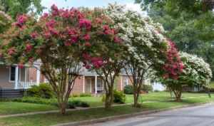 pink and white crape myrtle trees on a Florida street