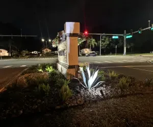 Grasshoppers recently repaired outdoor light illuminating sign